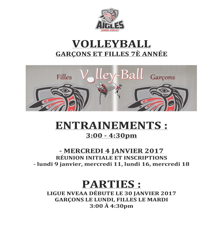 Volleyball 2017 (entraînements filles et garçons de 7e année)